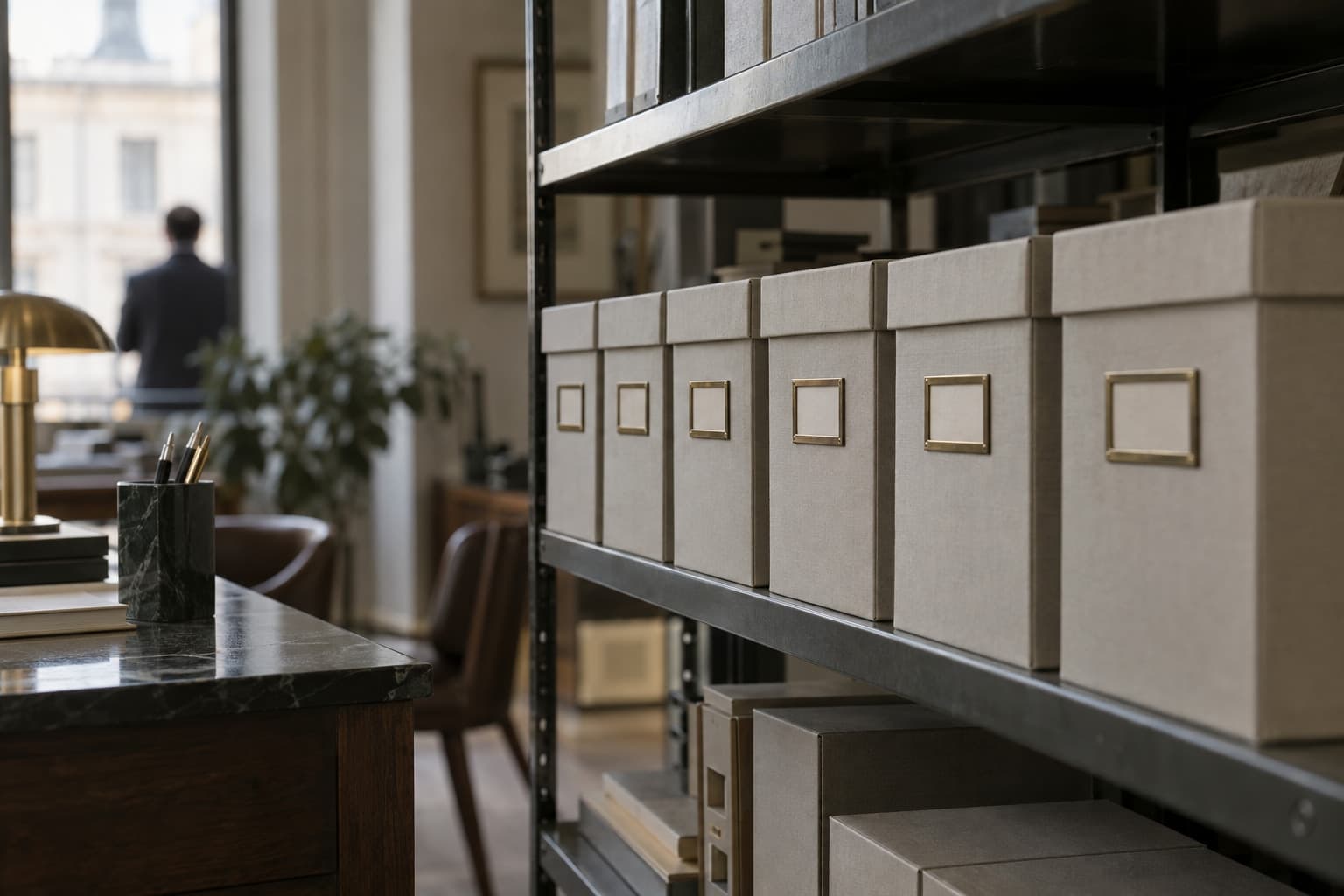 Fila de cajas de archivo idénticas en una estantería metálica