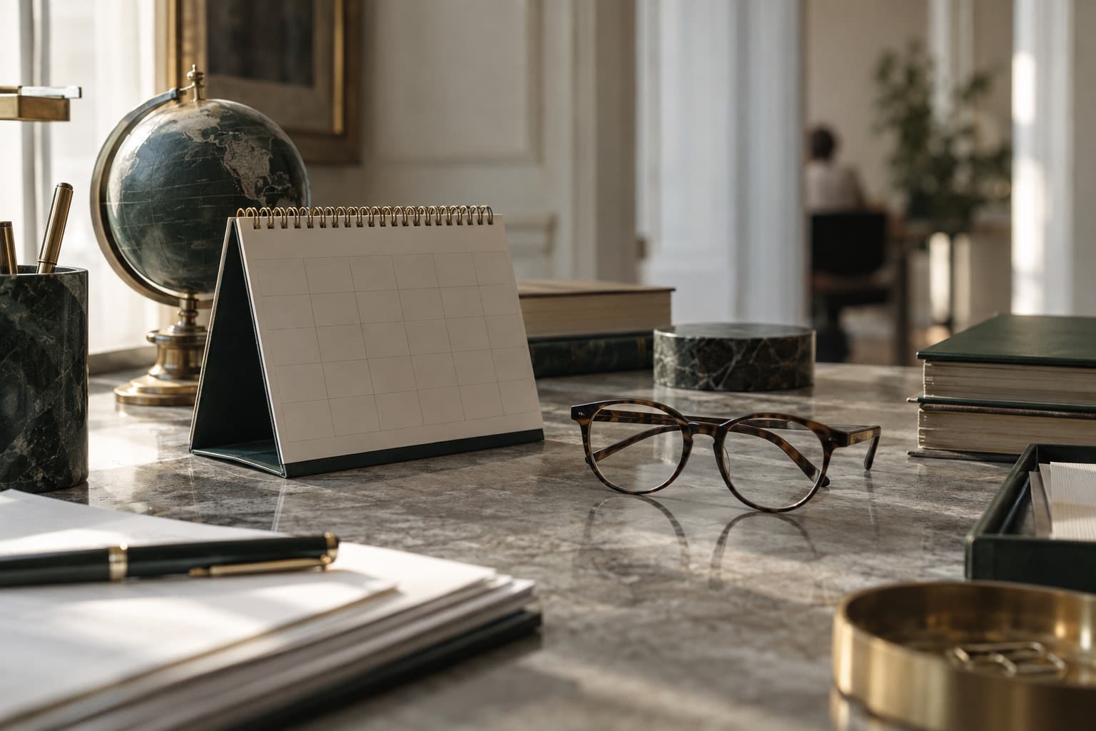 Calendario de sobremesa y unas gafas de lectura sobre piedra gris