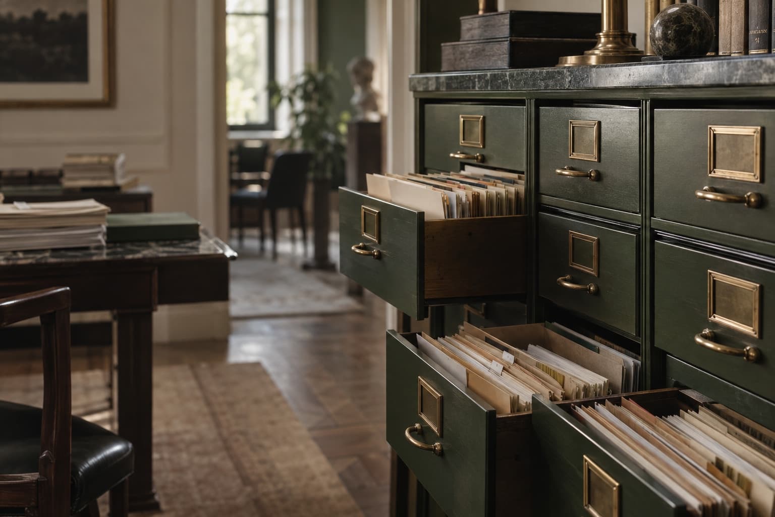 Cajones de archivo entreabiertos en una sala de expedientes