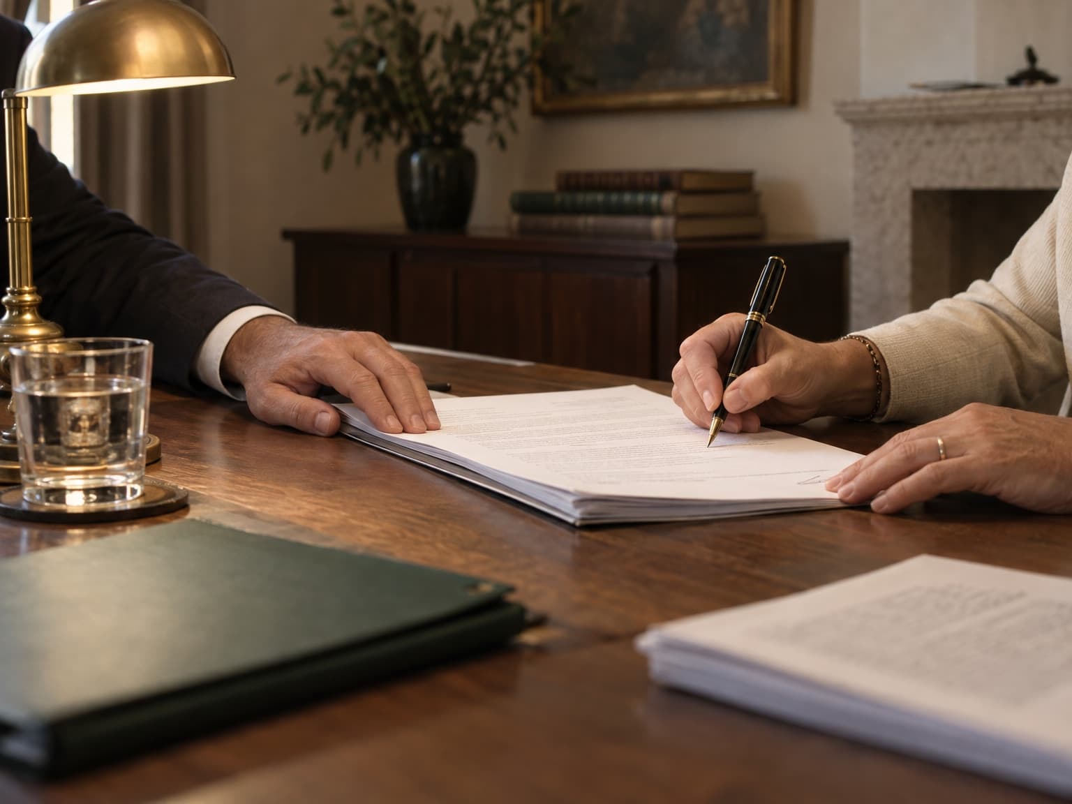 Una mano firma un documento con pluma estilográfica mientras otra sujeta la hoja, sobre una mesa de nogal junto a una carpeta verde.
