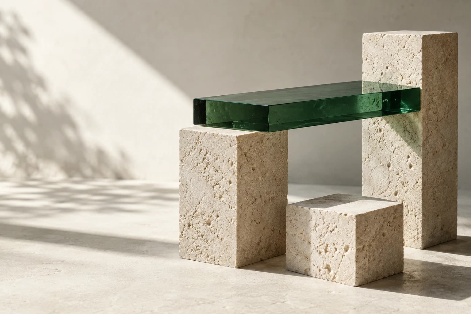 Composición de bloques de piedra y una pieza de vidrio verde.