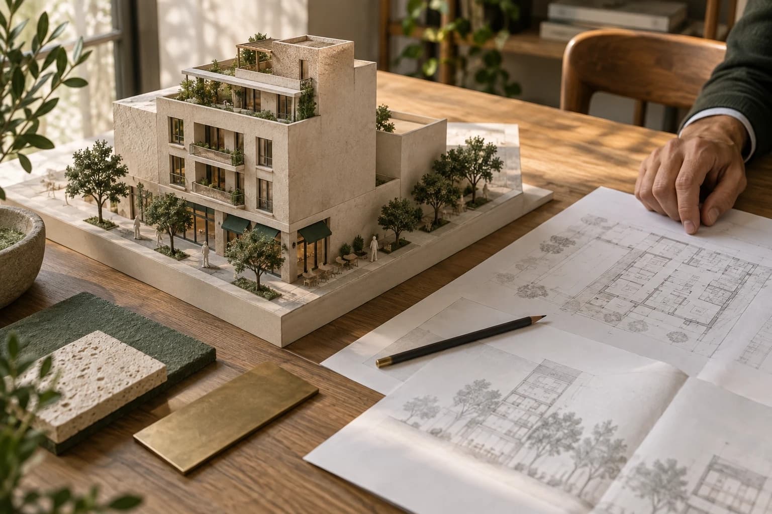 Maqueta de un edificio residencial sobre planos en una mesa de trabajo.