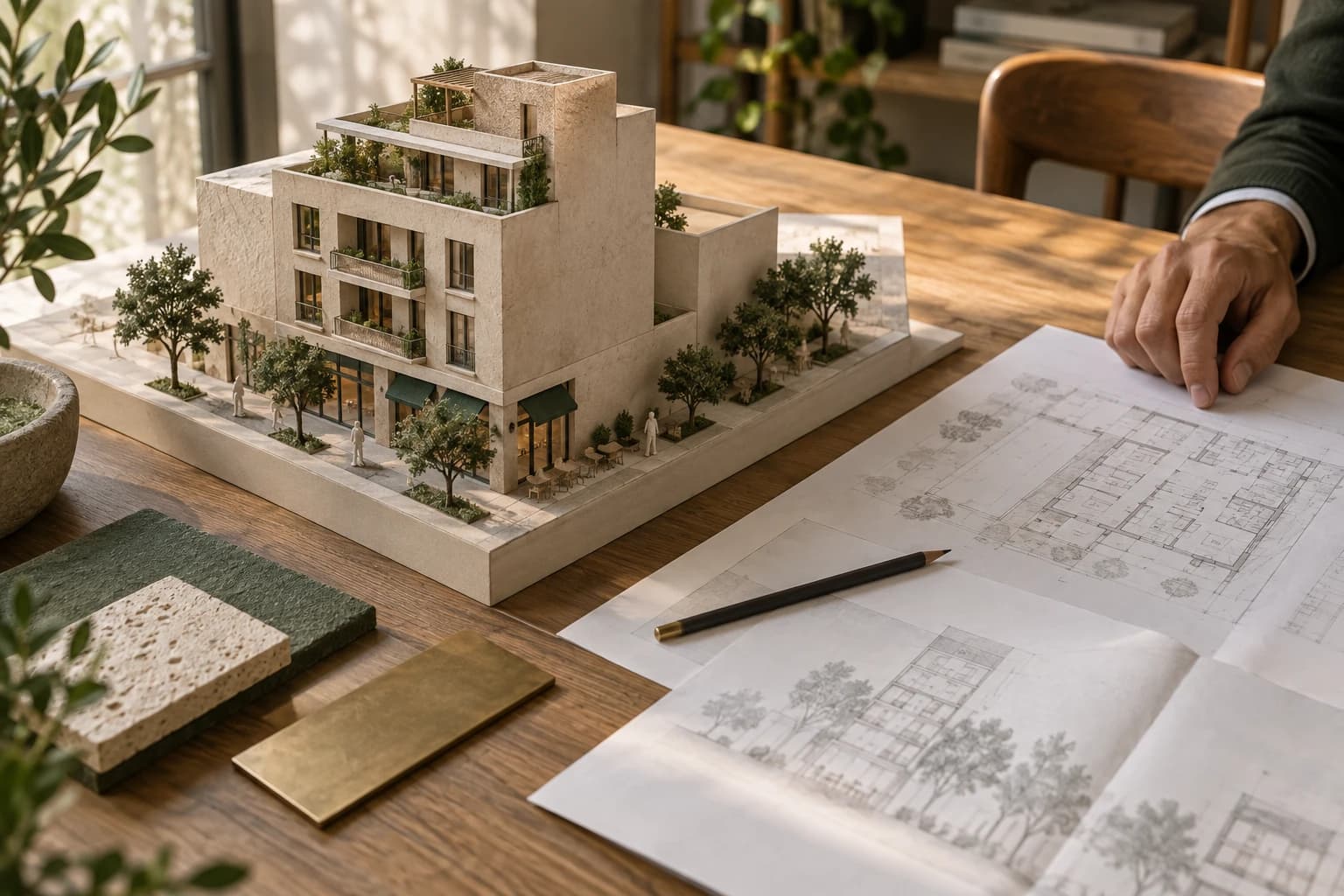 Maqueta de un edificio residencial sobre planos en una mesa de trabajo.