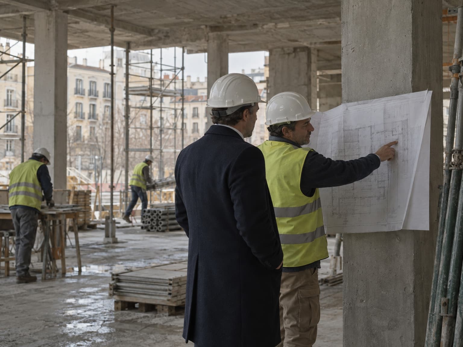 Dos personas con casco revisan unos planos sujetos a un pilar en la obra de un edificio de viviendas.