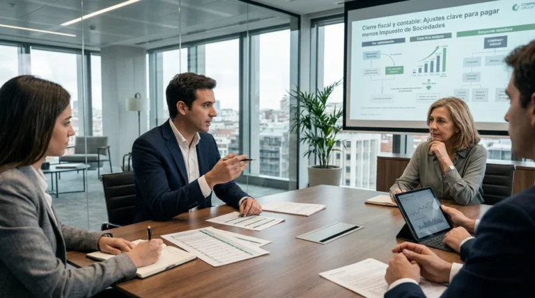 Empresario analizando documentos de cierre fiscal y contable para Impuesto de Sociedades