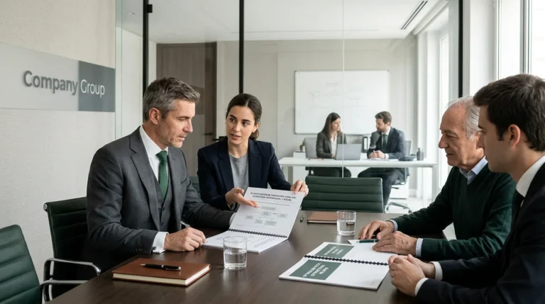 Familia discutiendo la creación de una fundación familiar con un asesor.