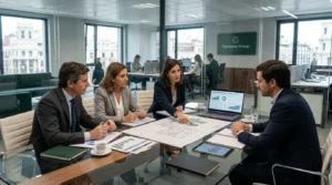 Profesional explicando estrategias de desinversión en carteras inmobiliarias corporativas