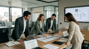 empresario analizando gráficos de escalabilidad empresarial y control