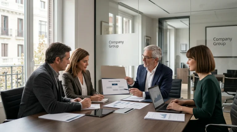Esquema de holding empresarial mostrando sociedad matriz y filiales, destacando ventajas fiscales.