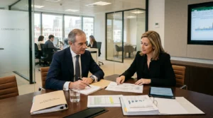 Abogado asesorando a empresario ante inspección de Hacienda en oficina moderna