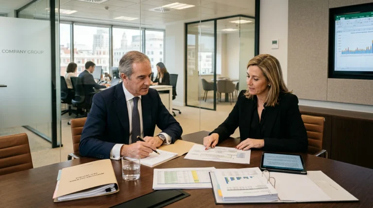 Abogado asesorando a empresario ante inspección de Hacienda en oficina moderna