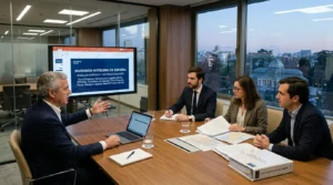 Edificio moderno de hotel en España, con empresarios analizando documentos