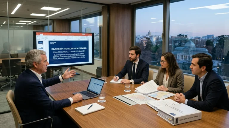 Edificio moderno de hotel en España, con empresarios analizando documentos