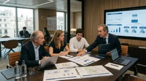 Familia discutiendo inversiones inmobiliarias con un consultor de Company Group