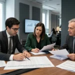 Planificación Fiscal Impuesto Sociedades, empresario analizando documentos financieros en su oficina