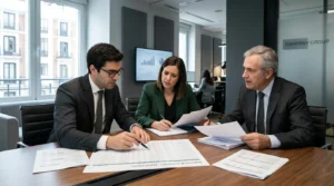 Planificación Fiscal Impuesto Sociedades, empresario analizando documentos financieros en su oficina