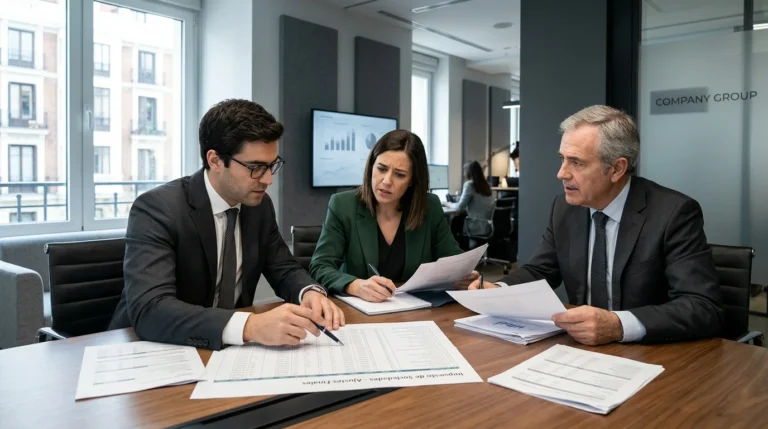 Planificación Fiscal Impuesto Sociedades, empresario analizando documentos financieros en su oficina